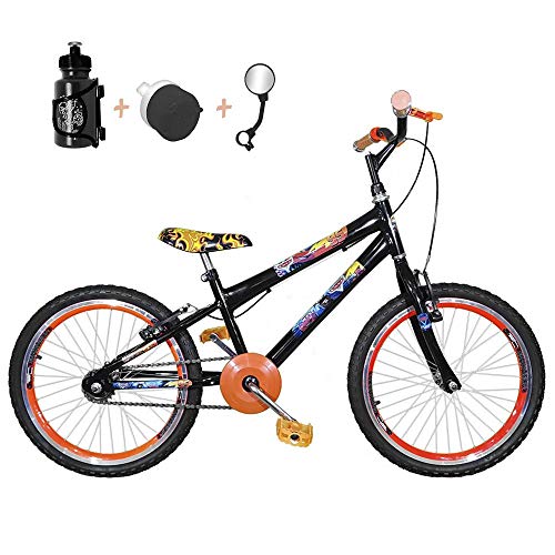 Bicicleta Infantil Aro 20 Preta Kit e Roda Aero Laranja com Acessórios