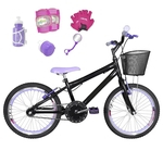 Bicicleta Infantil Aro 20 Preta Kit E Roda Aero Lilás C/ Acessórios E Kit Proteção