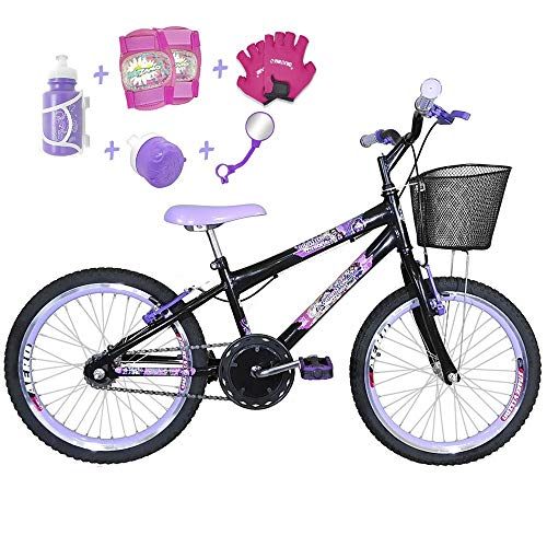 Bicicleta Infantil Aro 20 Preta Kit e Roda Aero Lilás C/Acessórios e Kit Proteção