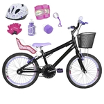 Bicicleta Infantil Aro 20 Preta Kit E Roda Aero Lilás C/ Cadeirinha de Boneca Completa