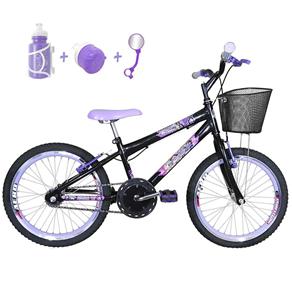 Bicicleta Infantil Aro 20 Preta Kit e Roda Aero Lilás com Acessórios