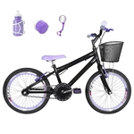 Bicicleta Infantil Aro 20 Preta Kit E Roda Aero Lilás Com Acessórios