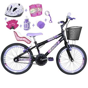 Bicicleta Infantil Aro 20 Preta Kit e Roda Aero Lilás com Cadeirinha de Boneca Completa