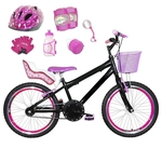 Bicicleta Infantil Aro 20 Preta Kit E Roda Aero Pink C/ Cadeirinha de Boneca Completa