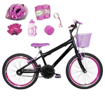 Bicicleta Infantil Aro 20 Preta Kit E Roda Aero Pink C/ Capacete E Kit Proteção