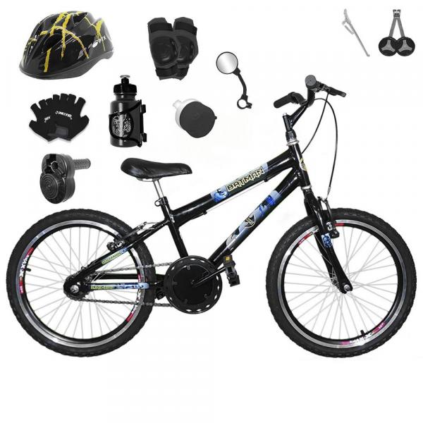 Bicicleta Infantil Aro 20 Preta Kit e Roda Aero Preta C/ Capacete, Kit Proteção e Acelerador - Flexbikes