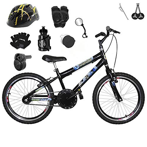 Bicicleta Infantil Aro 20 Preta Kit e Roda Aero Preta C/Capacete, Kit Proteção e Acelerador