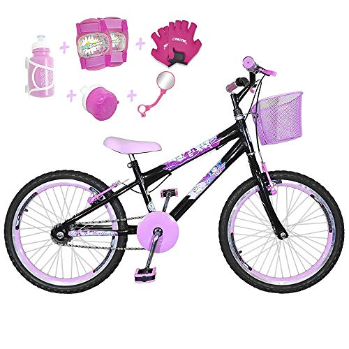 Bicicleta Infantil Aro 20 Preta Kit e Roda Aero Rosa Bebê C/Acessórios e Kit Proteção