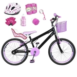 Bicicleta Infantil Aro 20 Preta Kit E Roda Aero Rosa Bebê C/ Cadeirinha de Boneca Completa