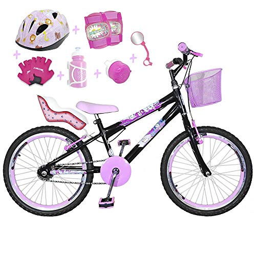 Bicicleta Infantil Aro 20 Preta Kit e Roda Aero Rosa Bebê C/Cadeirinha de Boneca Completa