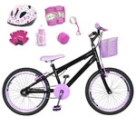 Bicicleta Infantil Aro 20 Preta Kit E Roda Aero Rosa Bebê C/ Capacete E Kit Proteção