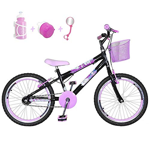 Bicicleta Infantil Aro 20 Preta Kit e Roda Aero Rosa Bebê com Acessórios