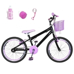 Bicicleta Infantil Aro 20 Preta Kit e Roda Aero Rosa Bebê com Acessórios