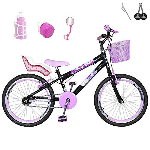 Bicicleta Infantil Aro 20 Preta Kit e Roda Aero Rosa Bebê com Cadeirinha