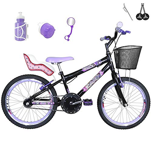 Bicicleta Infantil Aro 20 Preta Kit e Roda Aero Roxa com Cadeirinha