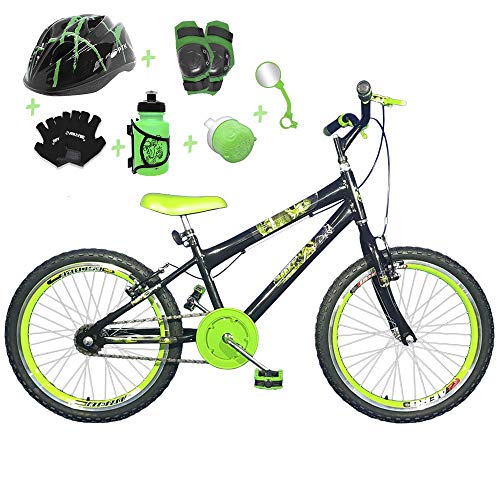 Bicicleta Infantil Aro 20 Preta Kit e Roda Aero Verde C/Capacete e Kit Proteção