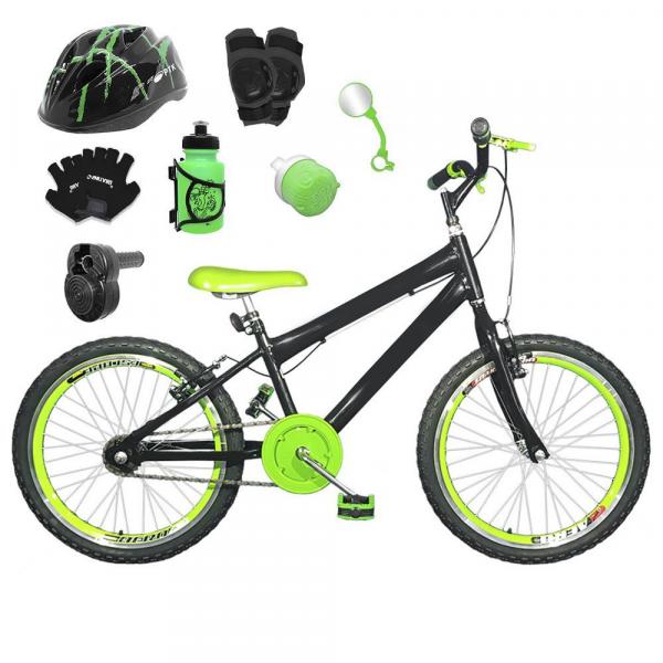 Bicicleta Infantil Aro 20 Preta Kit e Roda Aero Verde C/ Capacete, Kit Proteção e Acelerador - Flexbikes