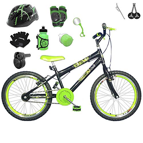 Bicicleta Infantil Aro 20 Preta Kit e Roda Aero Verde C/Capacete, Kit Proteção e Acelerador