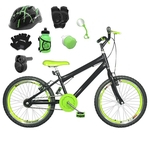 Bicicleta Infantil Aro 20 Preta Kit E Roda Aero Verde C/ Capacete, Kit Proteção E Acelerador