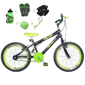 Bicicleta Infantil Aro 20 Preta Kit e Roda Aero Verde com Acessórios e Kit Proteção