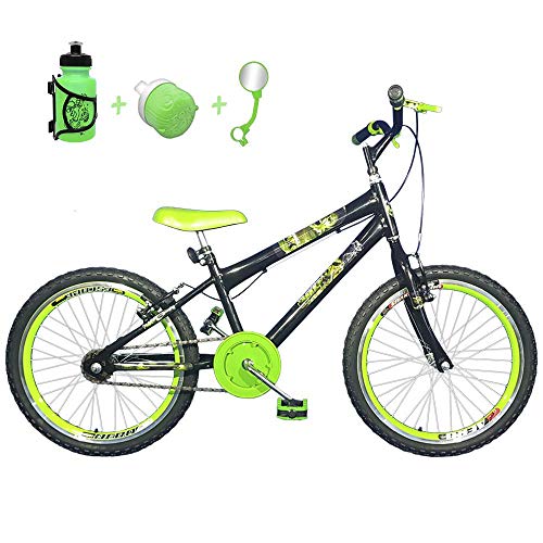 Bicicleta Infantil Aro 20 Preta Kit e Roda Aero Verde com Acessórios