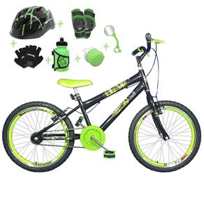 Bicicleta Infantil Aro 20 Preta Kit e Roda Aero Verde com Capacete e Kit Proteção