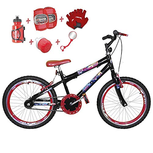 Bicicleta Infantil Aro 20 Preta Kit e Roda Aero Vermelha C/Acessórios e Kit Proteção
