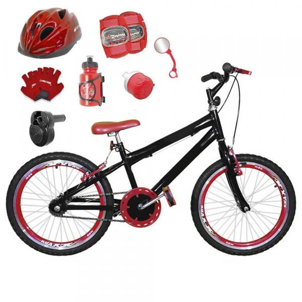 Bicicleta Infantil Aro 20 Preta Kit e Roda Aero Vermelha C/ Capacete, Kit Proteção e Acelerador - Flexbikes