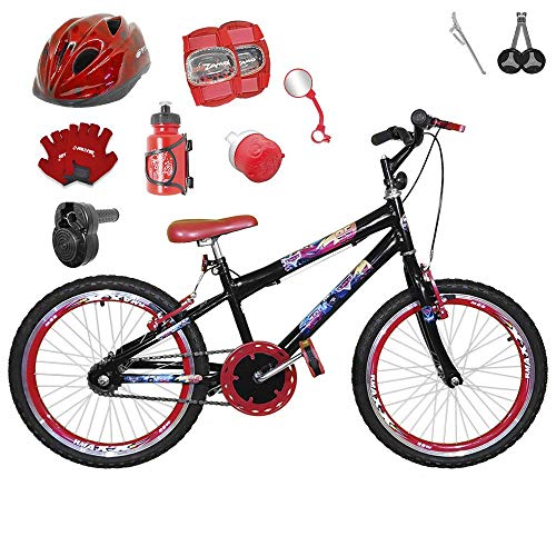 Bicicleta Infantil Aro 20 Preta Kit e Roda Aero Vermelha C/Capacete, Kit Proteção e Acelerador