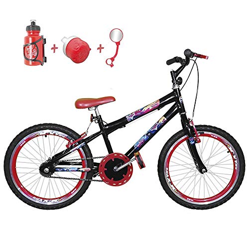 Bicicleta Infantil Aro 20 Preta Kit e Roda Aero Vermelho com Acessórios