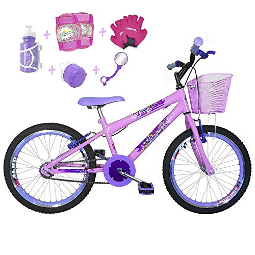 Bicicleta Infantil Aro 20 Rosa Bebê Kit e Roda Aero Lilás C/Acessórios e Kit Proteção
