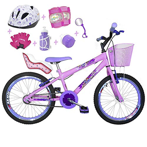Bicicleta Infantil Aro 20 Rosa Bebê Kit e Roda Aero Lilás C/Cadeirinha de Boneca Completa