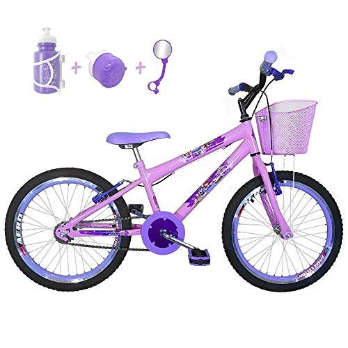 Bicicleta Infantil Aro 20 Rosa Bebê Kit e Roda Aero Lilás com Acessórios