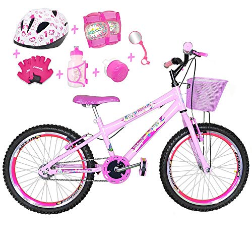 Bicicleta Infantil Aro 20 Rosa Bebê Kit e Roda Aero Pink C/Capacete e Kit Proteção