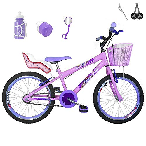 Bicicleta Infantil Aro 20 Rosa Bebê Kit e Roda Aero Roxa com Cadeirinha