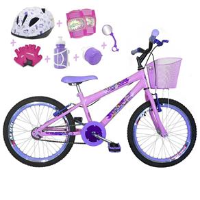 Bicicleta Infantil Aro 20 Rosa Bebê Kit e Roda Aero Roxa com Capacete e Kit Proteção