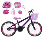 Bicicleta Infantil Aro 20 Roxa Kit E Roda Aero Pink C/ Capacete E Kit Proteção