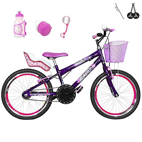 Bicicleta Infantil Aro 20 Roxa Kit e Roda Aero Pink com Cadeirinha