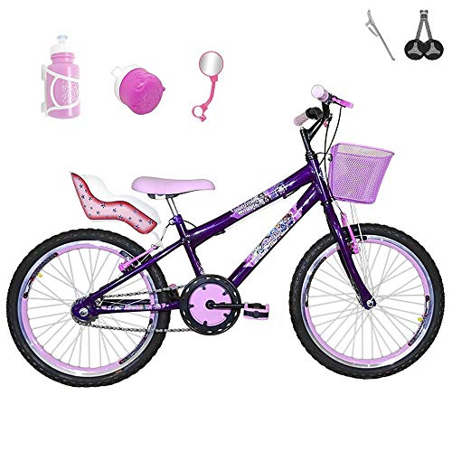 Bicicleta Infantil Aro 20 Roxa Kit e Roda Aero Rosa Bebê com Cadeirinha