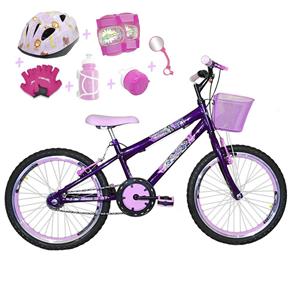 Bicicleta Infantil Aro 20 Roxa Kit e Roda Aero Rosa Bebê com Capacete e Kit Proteção