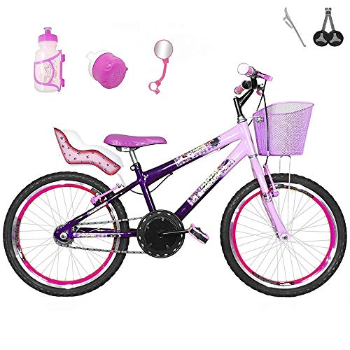 Bicicleta Infantil Aro 20 Roxa Rosa Bebê Kit e Roda Aero Pink com Cadeirinha