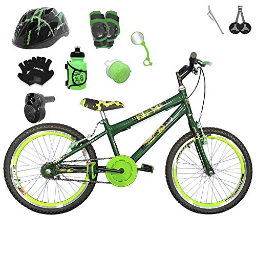 Bicicleta Infantil Aro 20 Verde Escuro Kit e Roda Aero Verde C/Capacete, Kit Proteção e Acelerador