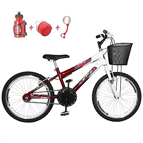 Bicicleta Infantil Aro 20 Vermelha Branca Kit e Roda Aero Branco com Acessórios