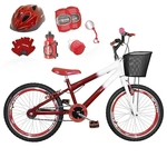 Bicicleta Infantil Aro 20 Vermelha Branca Kit E Roda Aero Vermelha C/ Capacete E Kit Proteção