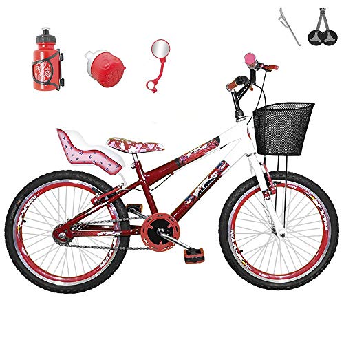 Bicicleta Infantil Aro 20 Vermelha Branca Kit e Roda Aero Vermelha com Cadeirinha