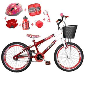 Bicicleta Infantil Aro 20 Vermelha Branca Kit e Roda Aero Vermelha com Capacete e Kit Proteção