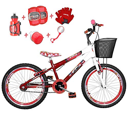 Bicicleta Infantil Aro 20 Vermelha Branca Kit e Roda Aero Vermelho C/Acessórios e Kit Proteção
