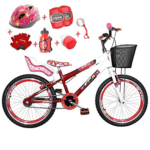 Bicicleta Infantil Aro 20 Vermelha Branca Kit e Roda Aero Vermelho C/Cadeirinha de Boneca Completa