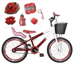 Bicicleta Infantil Aro 20 Vermelha Branca Kit E Roda Aero Vermelho C/ Cadeirinha de Boneca Completa