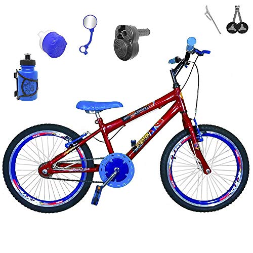 Bicicleta Infantil Aro 20 Vermelha Kit e Roda Aero Azul C/Acelerador Sonoro